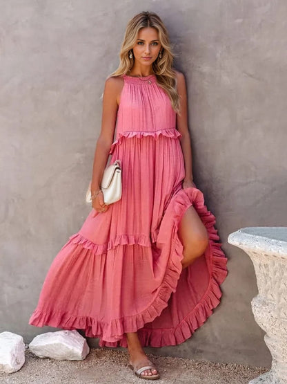 Ruffled Sleeveless Tiered Maxi Dress with Pockets.