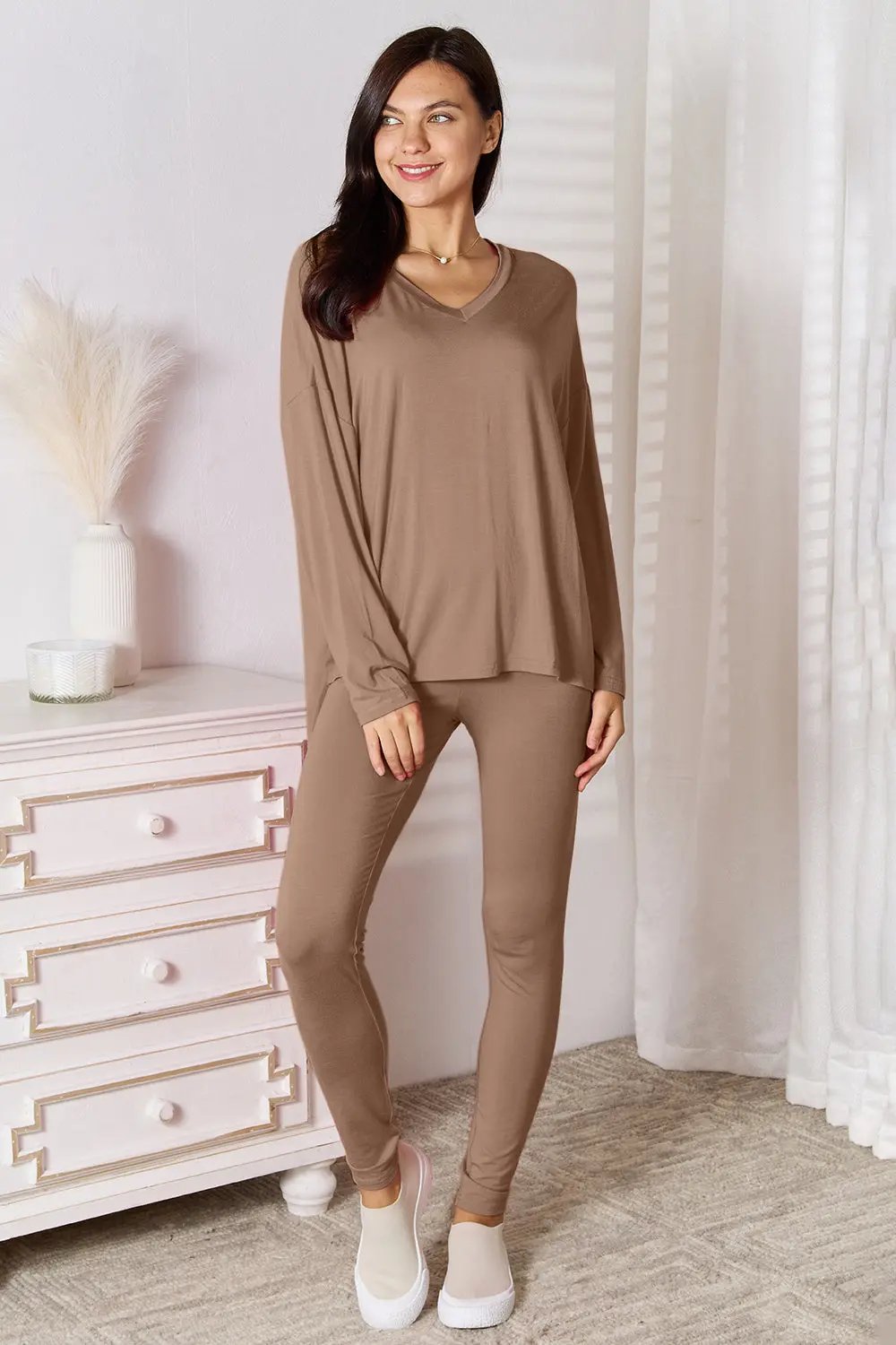 Basic Bae Full Size V-Neck Soft Rayon Long Sleeve Top and Pants Lounge Set - Love Salve
