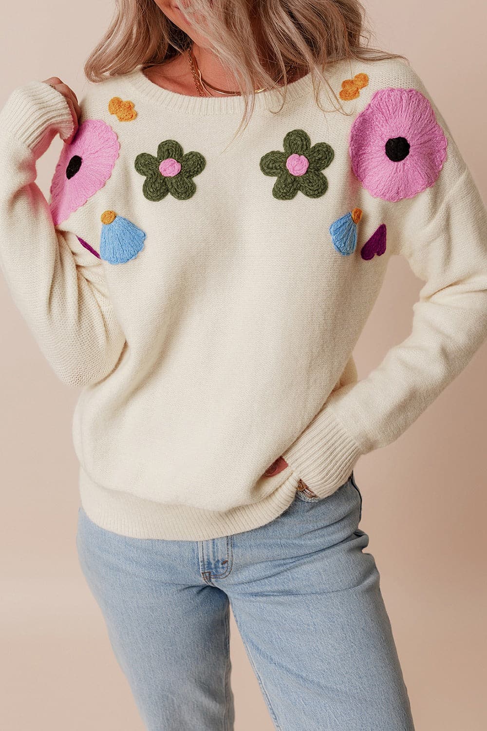 Crochet Flower Round Neck Dropped Shoulder Sweater.