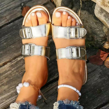 Open Toe Double Buckle Sandals.