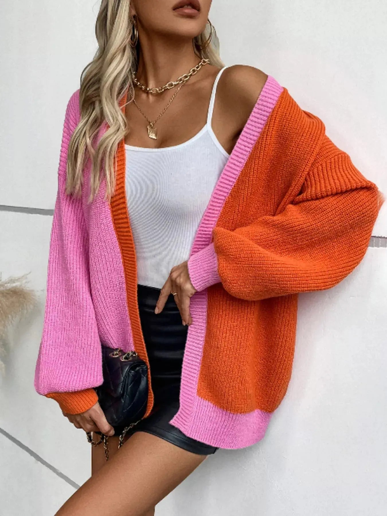 Color Block Open Front Knit Cardigan For Women Pink And Orange Simply Love