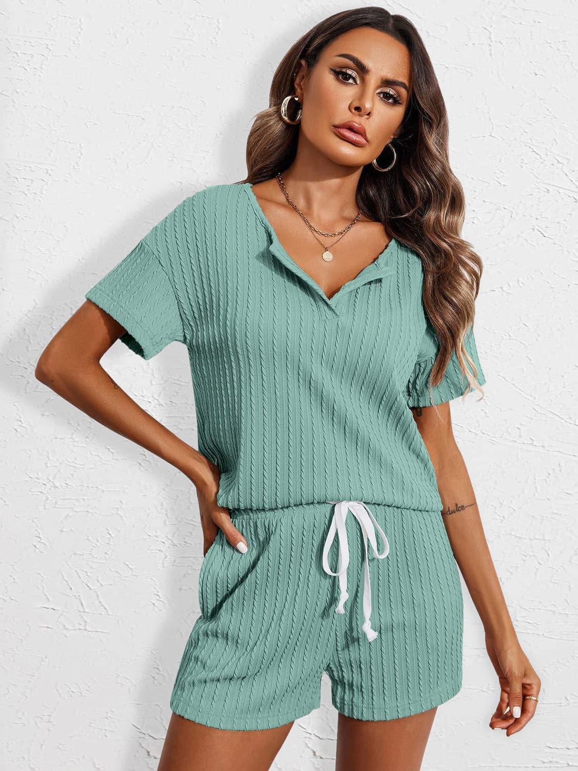 Notched Short Sleeve Top and Shorts Set.