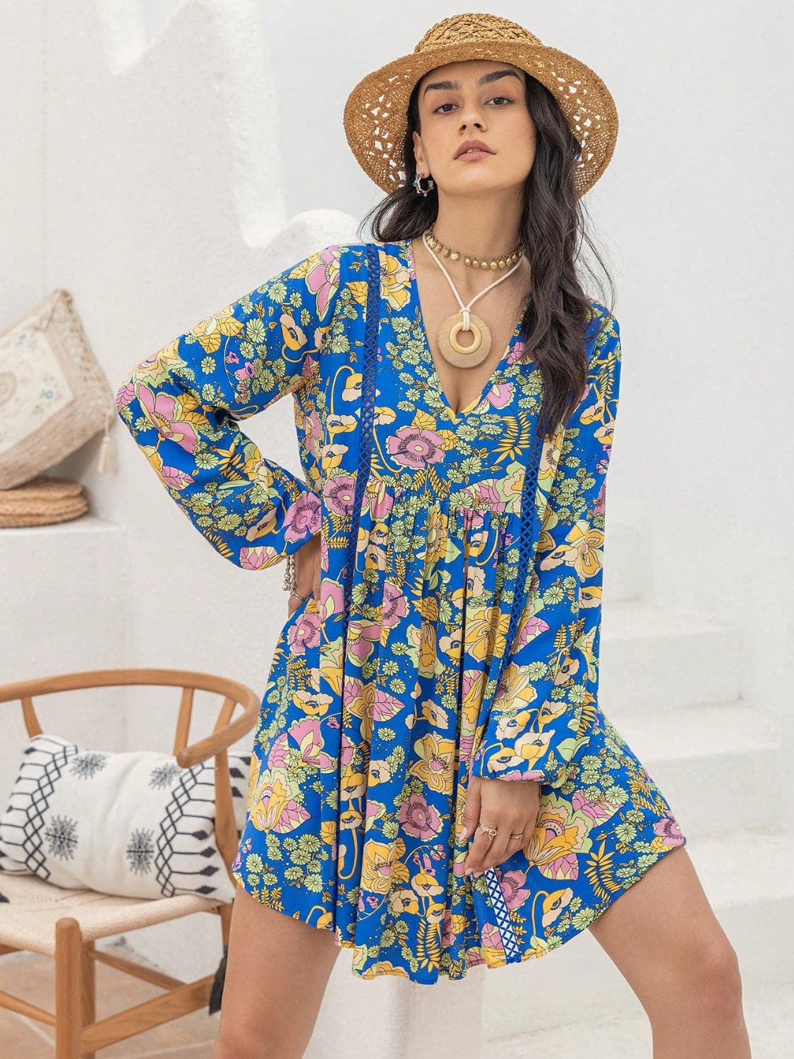 Printed V-Neck Balloon Sleeve Mini Dress.