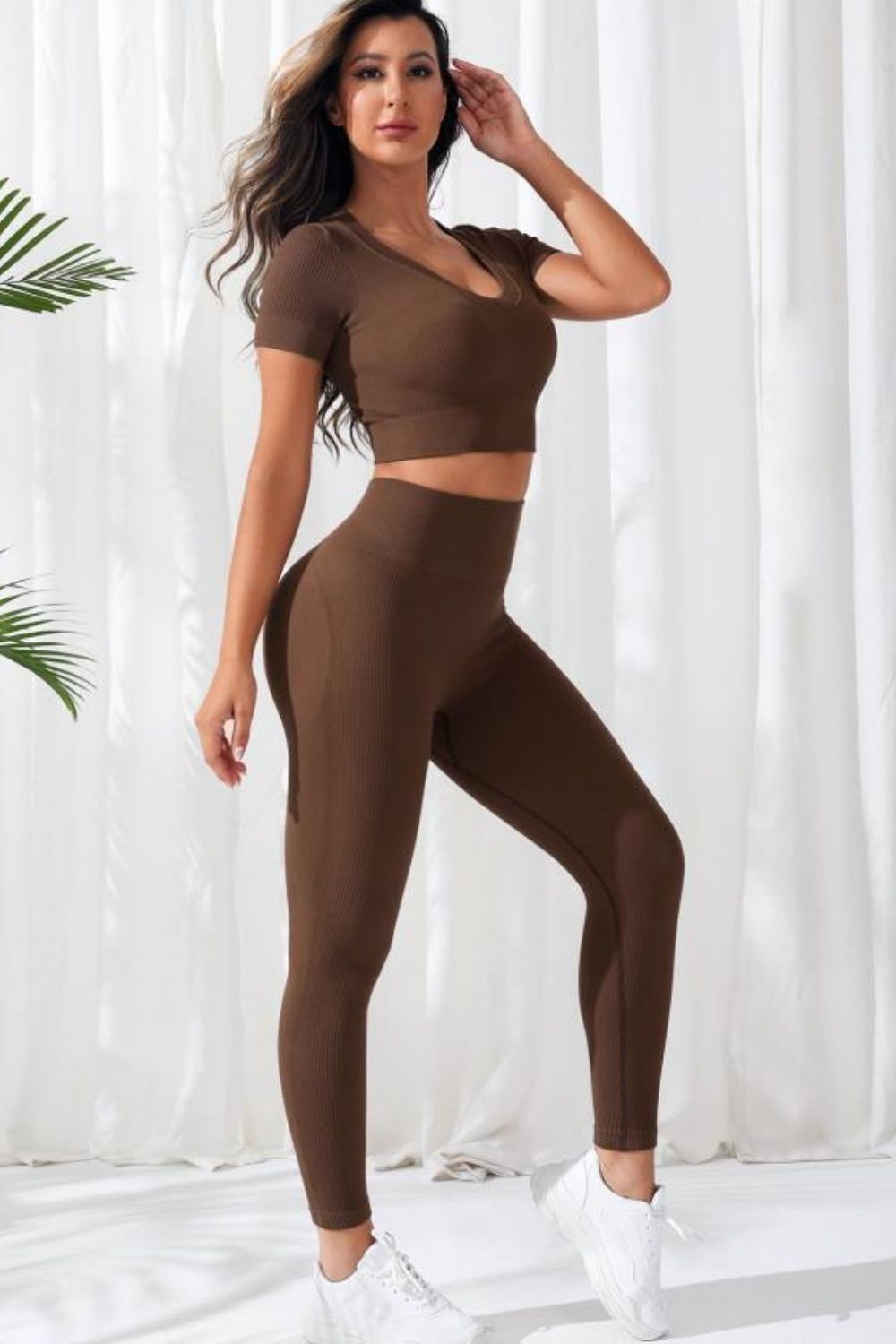 “Choco Flex” V-Neck Crop & High Waist Legging Set – 2PC Activewear