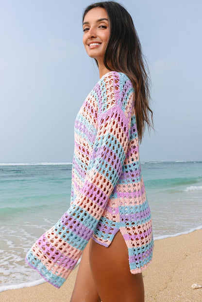 Purple Multi Stripe Open Knit Sweater Beach Cover Up for Women