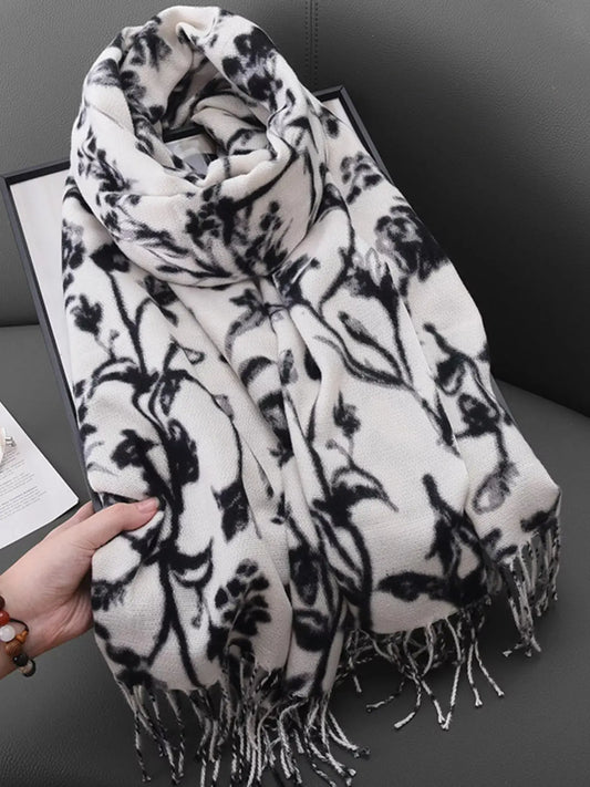 Floral Print Scarf with Fringe Detail Simply Love