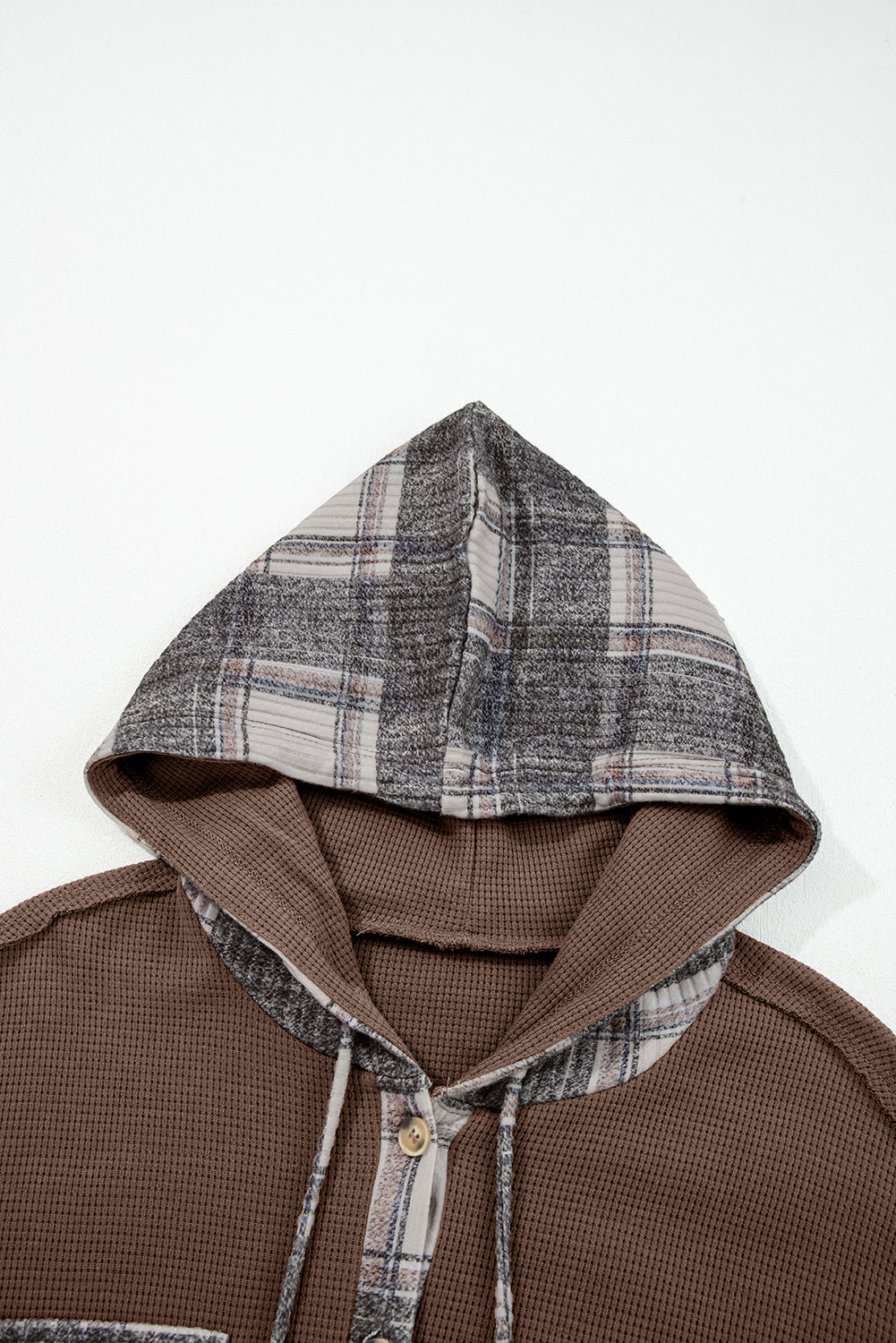 Brown Plaid Patchwork Hooded Shacket With Drawstring Button Down Cozy Winter Outerwear Dear-Lover Dropshipping