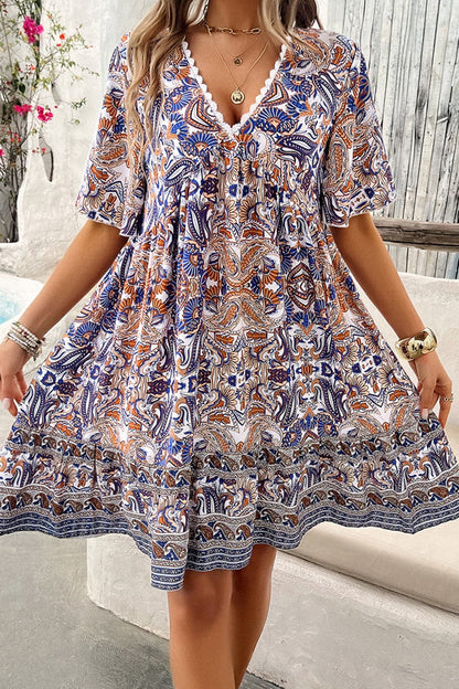 Printed V-Neck Half Sleeve Mini Dress.