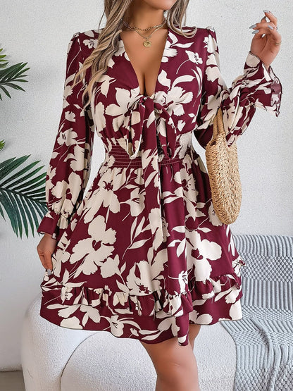 Tied Ruffled Printed Long Sleeve Dress.