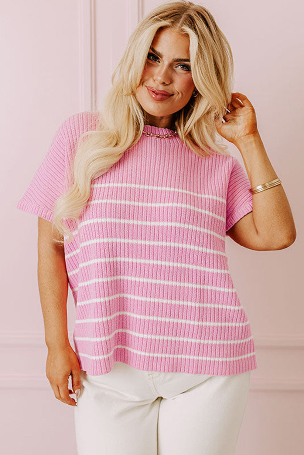 Chic pink striped ribbed plus-size tee for ultimate comfort