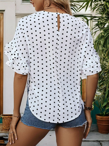 Slit Polka Dot Round Neck Half Sleeve Blouse.