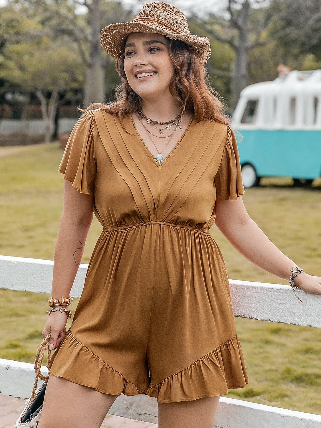 Plus Size Ruffled V-Neck Short Sleeve Romper.