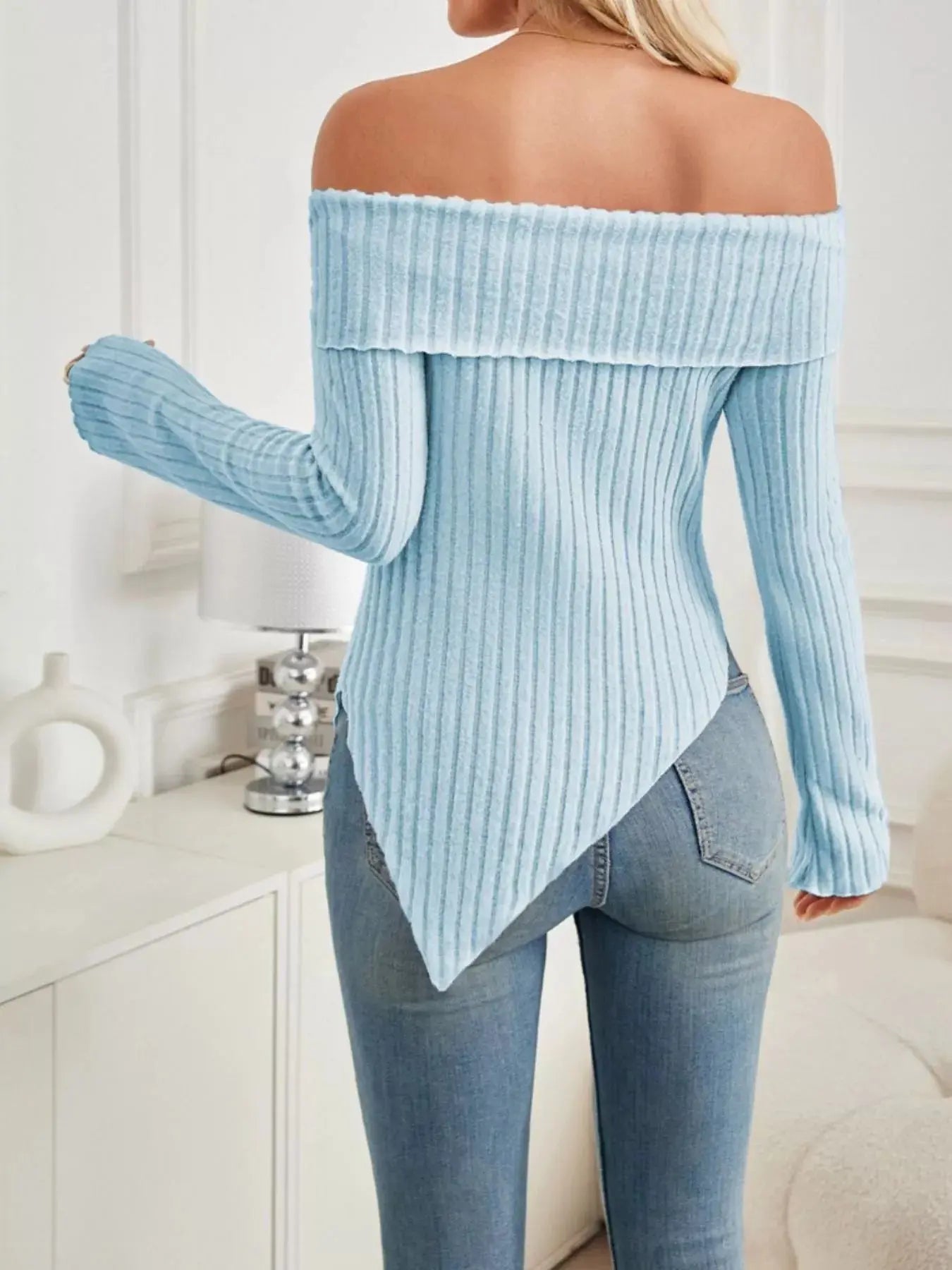 Off Shoulder Ribbed Knit Top Long Sleeves Soft Stretchy Viscose Blend Simply Love