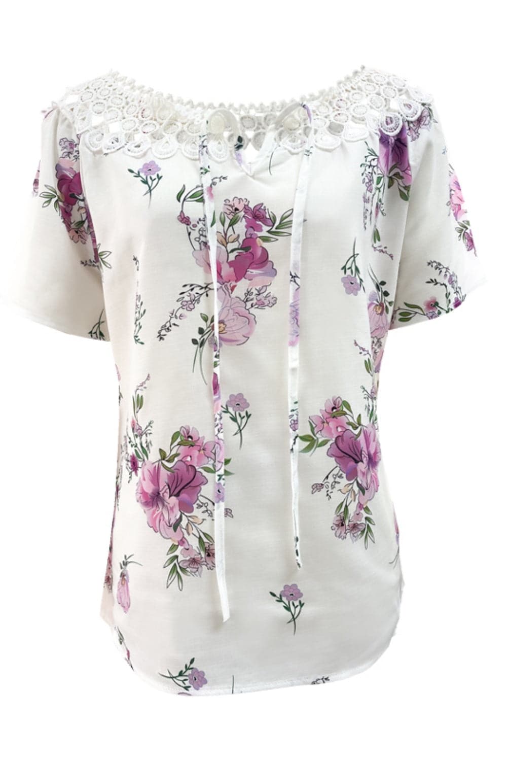 Full Size Printed Tie Neck Short Sleeve Blouse.