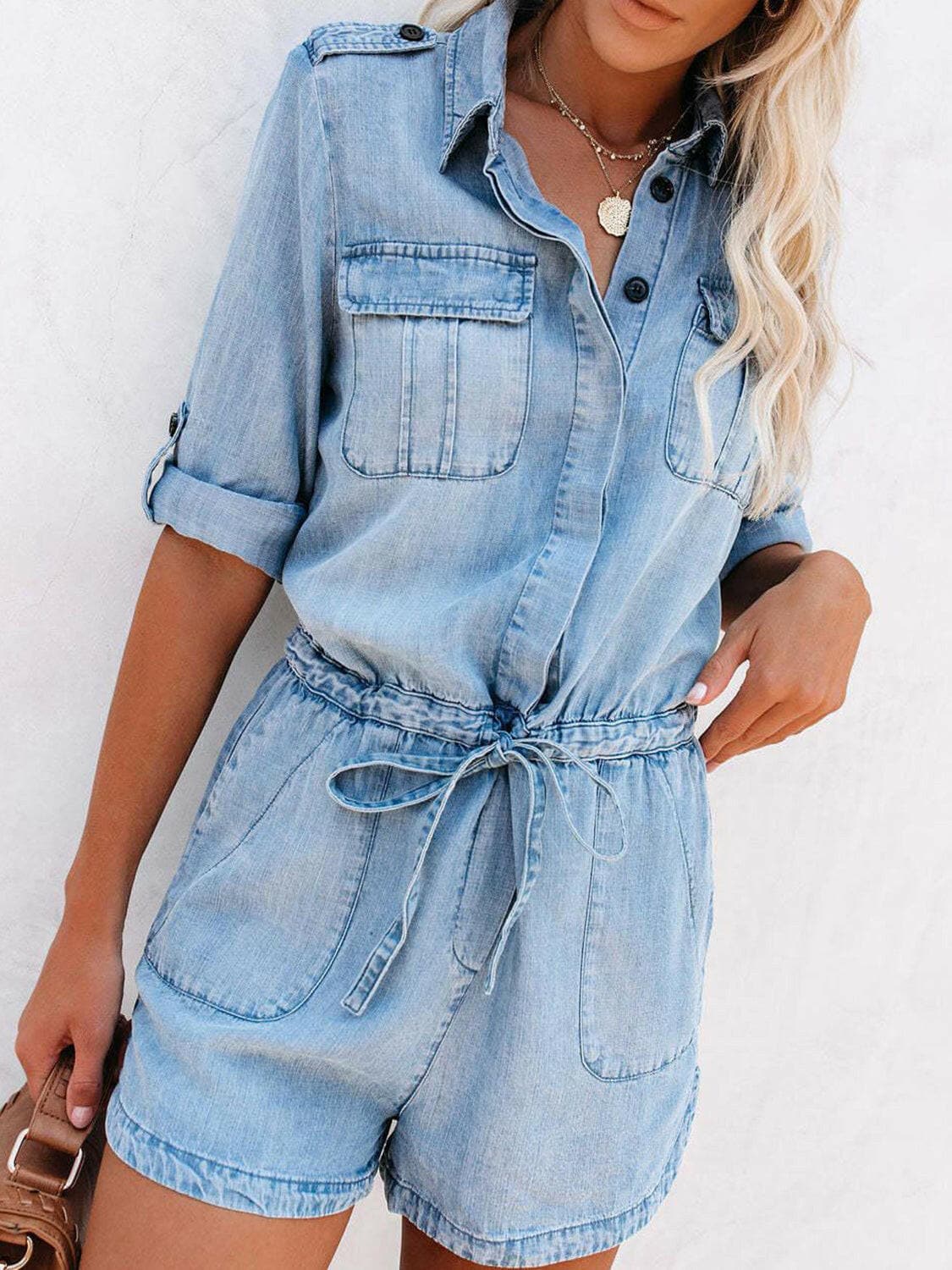 Drawstring Half Button Half Sleeve Denim Romper.