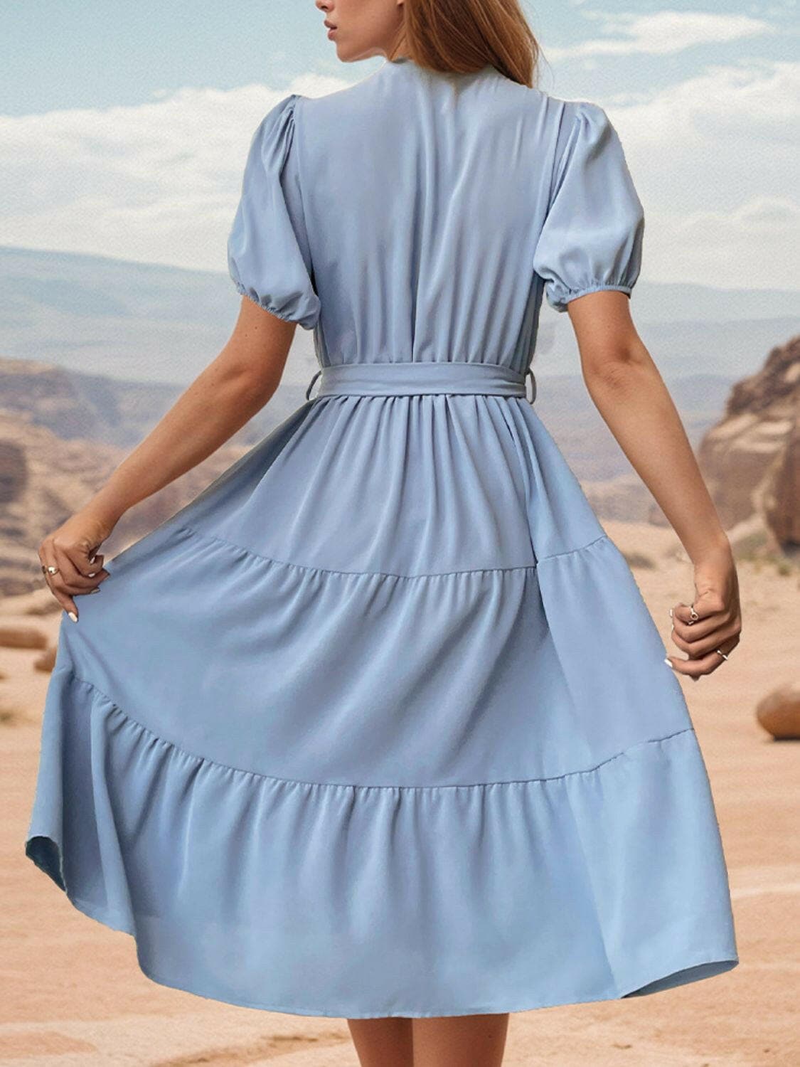 Tie Waist Puff Sleeve Midi Dress.