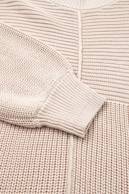 Parchment Mixed Texture Patchwork Knitted Puff Sleeve Sweater