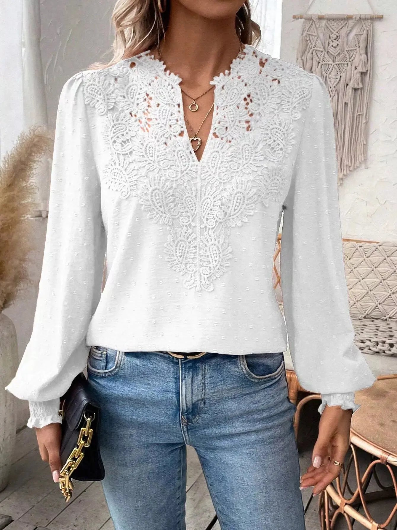 Lace Trim Long Sleeve Blouse Simply Love