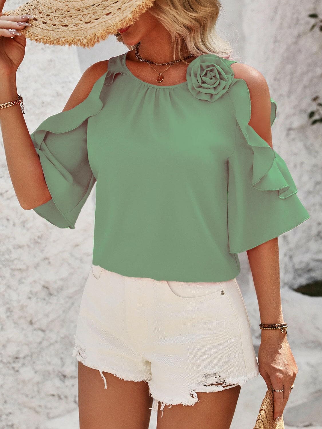 Ruffled Round Neck Half Sleeve Blouse.