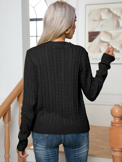 Cable-Knit Round Neck Long Sleeve Sweater.