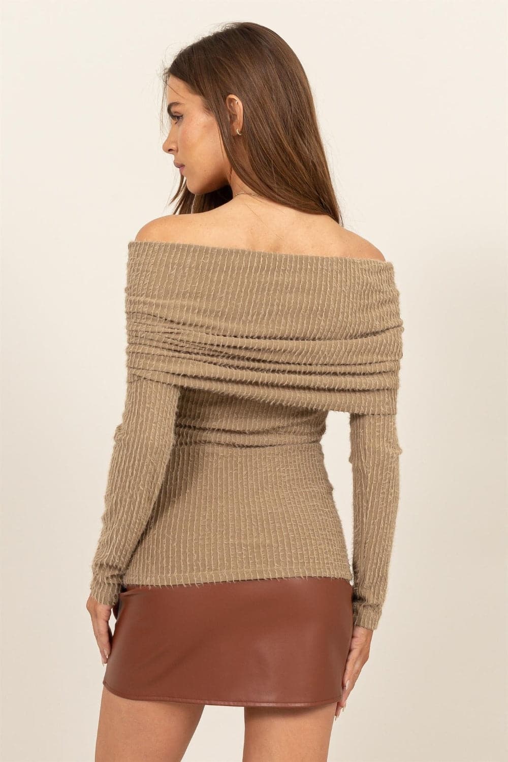 HYFVE Fuzzy Off shoulder Textured Knit Top.