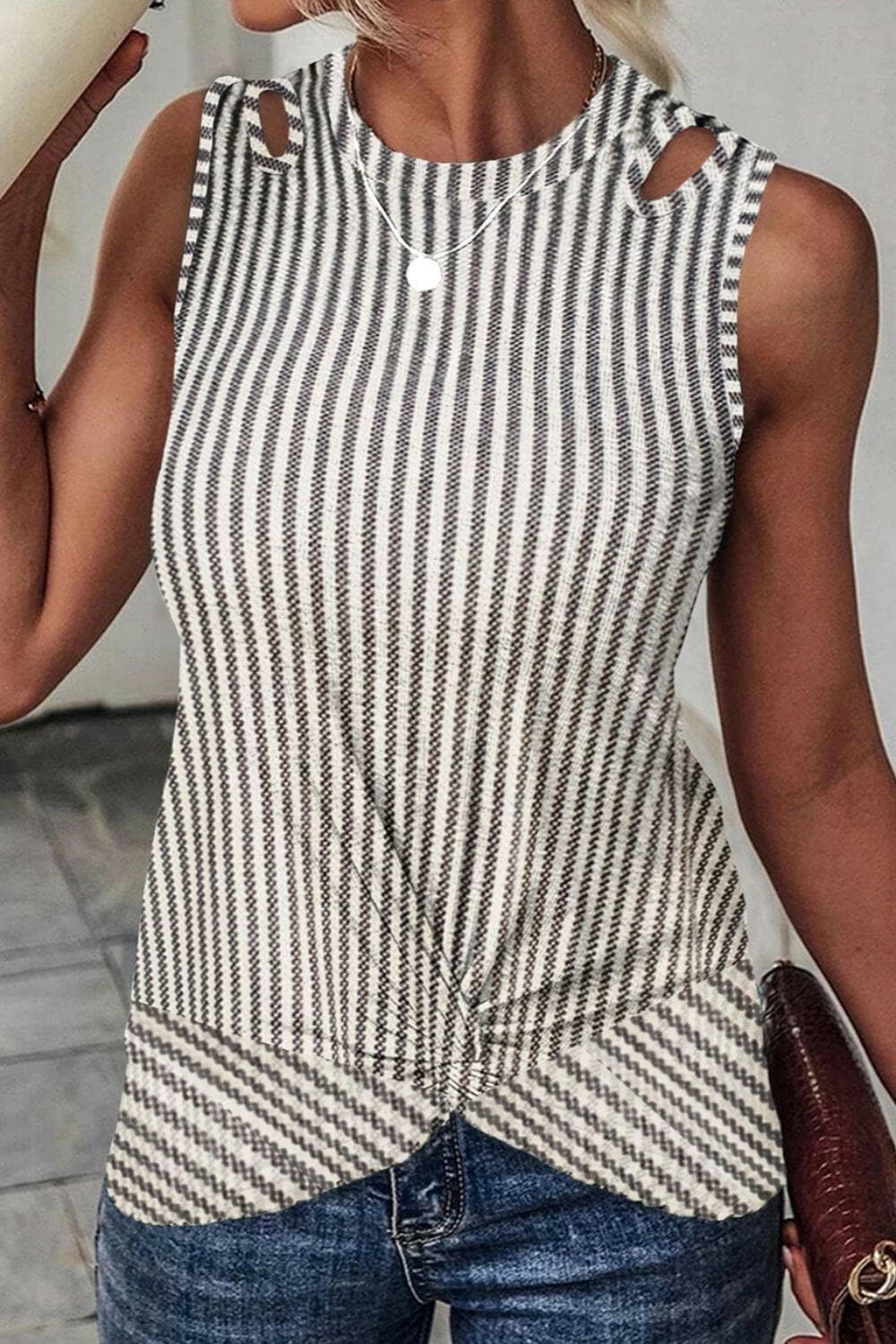 Cutout Striped Round Neck Tank.