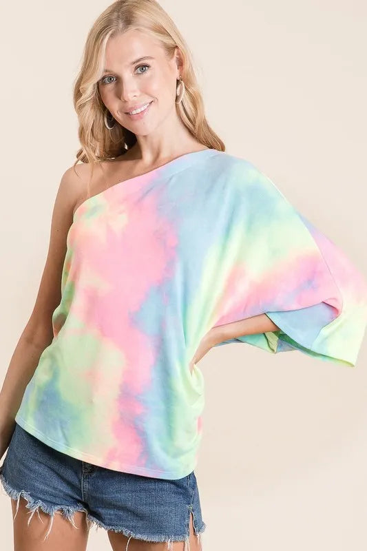 BiBi Tie Dye French Terry One Shoulder Top with Dolman - Love Salve 