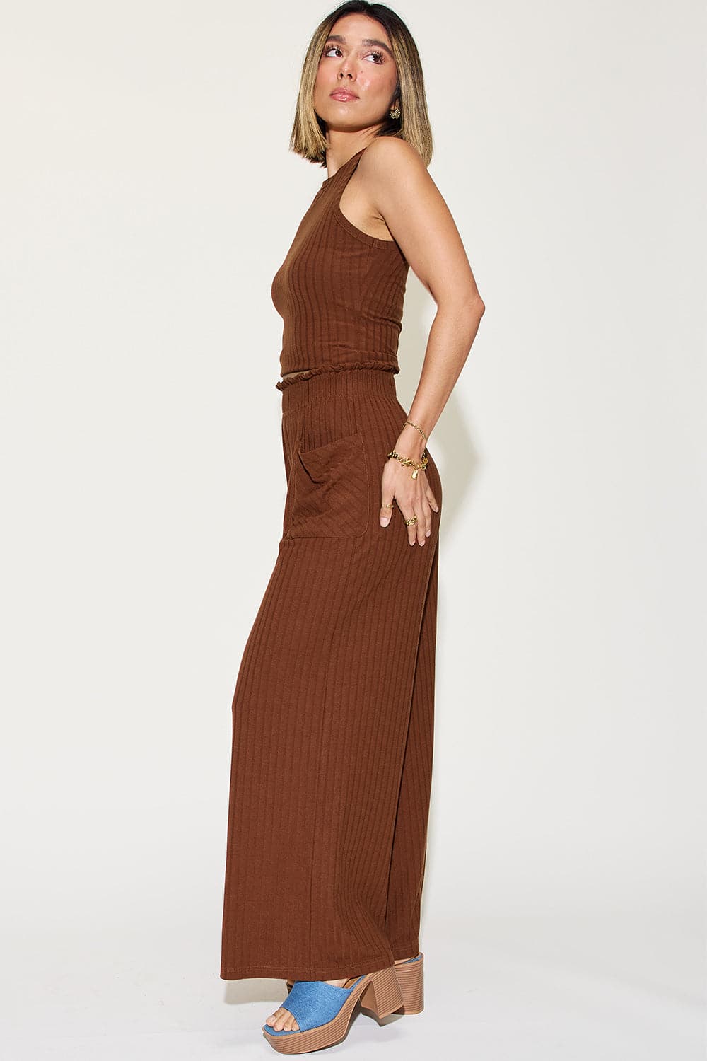 Basic Bae Full Size Ribbed Tank and Wide Leg Pants Set.