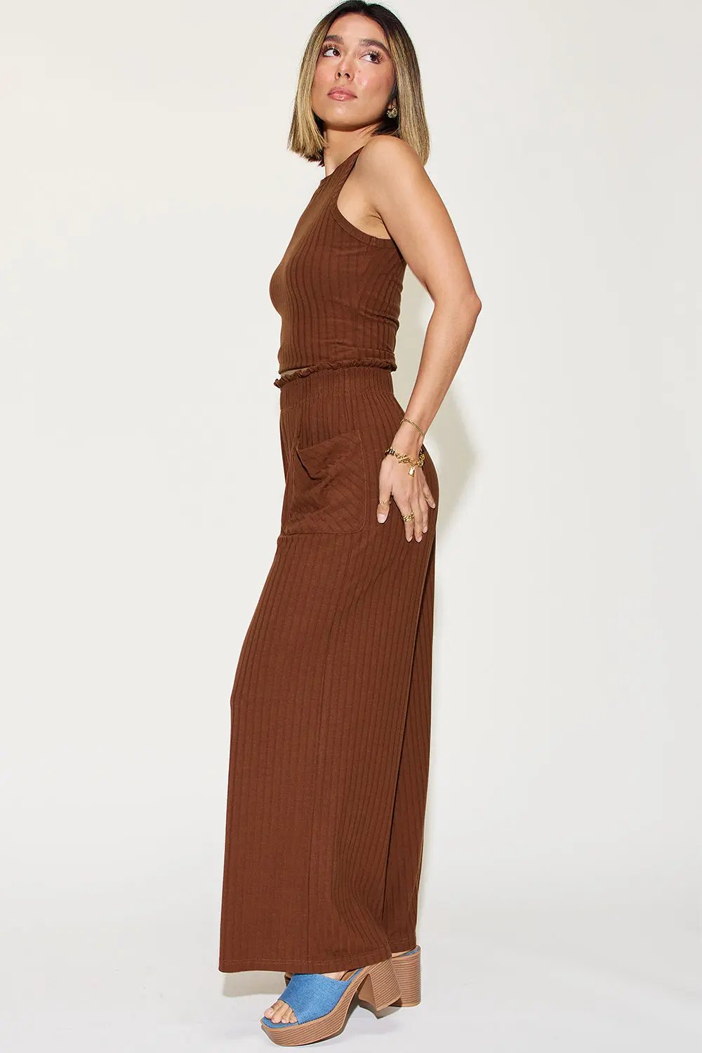 Basic Bae Full Size Ribbed Tank and Wide Leg Pants Set - Love Salve