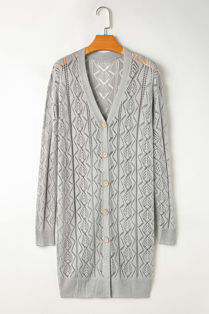 Chic gray long cardigan with hollow out details and button front