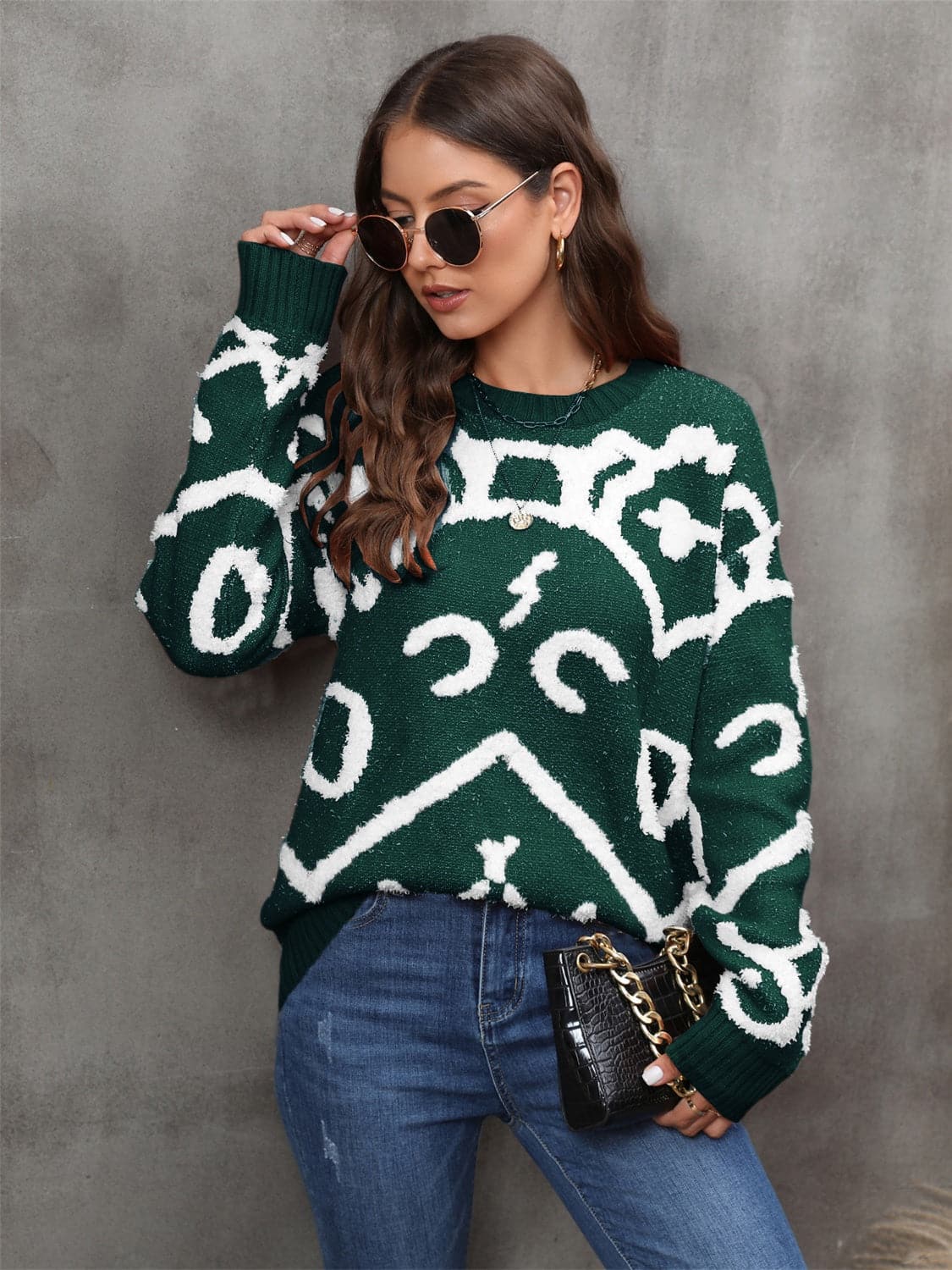 Printed Round Neck Long Sleeve Sweater.