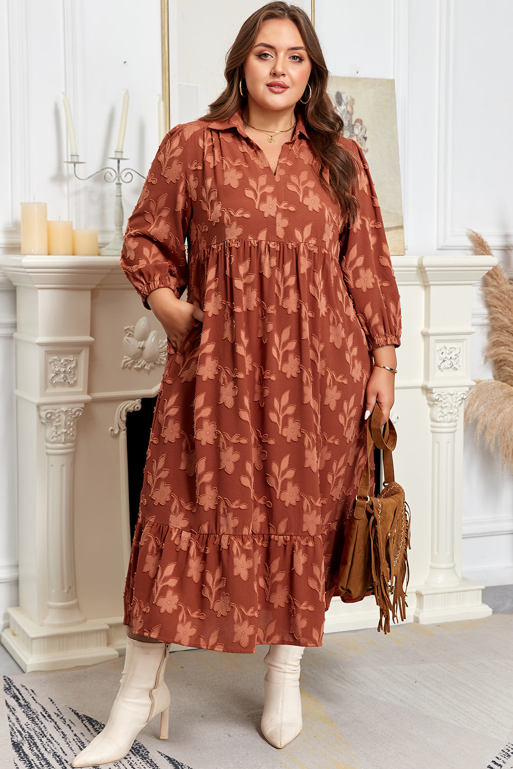 Premium Cinnamon Plus Size Textured 3D Flower Dress Ruffle Hem Long Dear-Lover Dropshipping