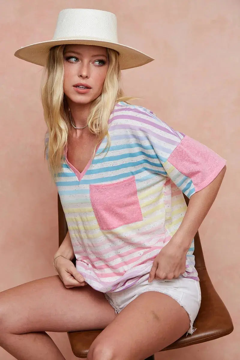 BiBi Rainbow Stripe Printed Triblend Knit Top - Love Salve 