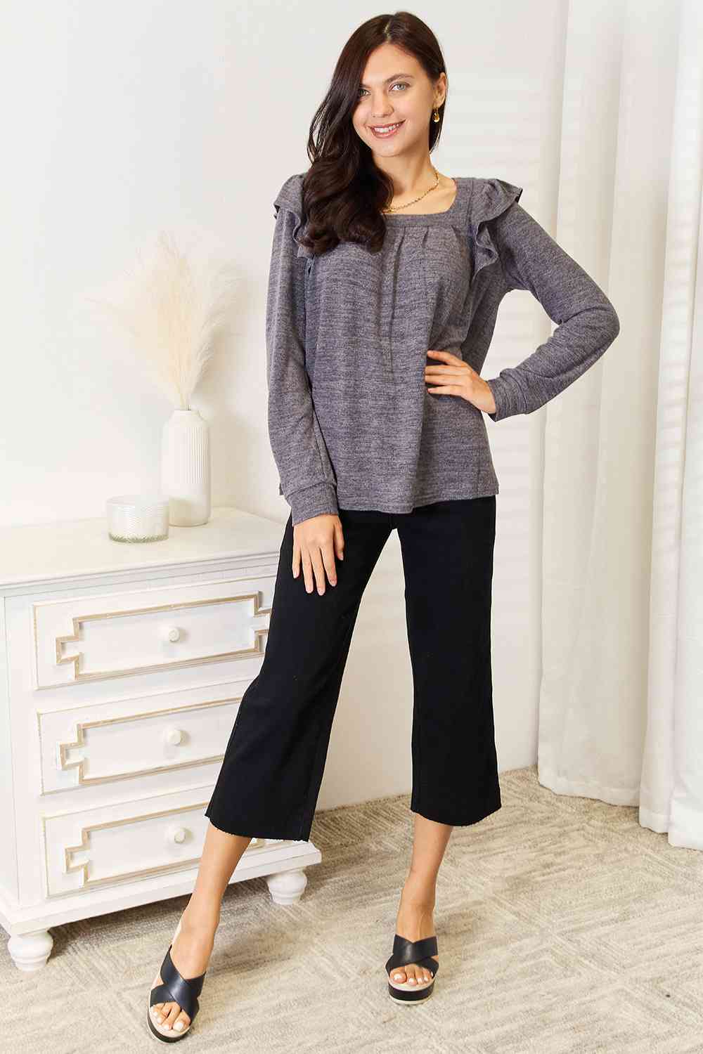 Double Take Square Neck Ruffle Shoulder Long Sleeve T-Shirt - Love Salve