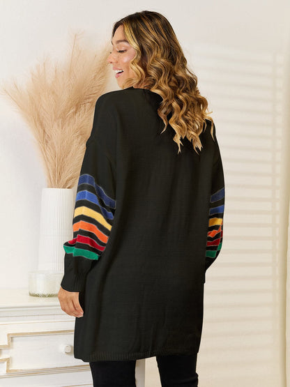 Striped Open Front Dropped Shoulder Cardigan.