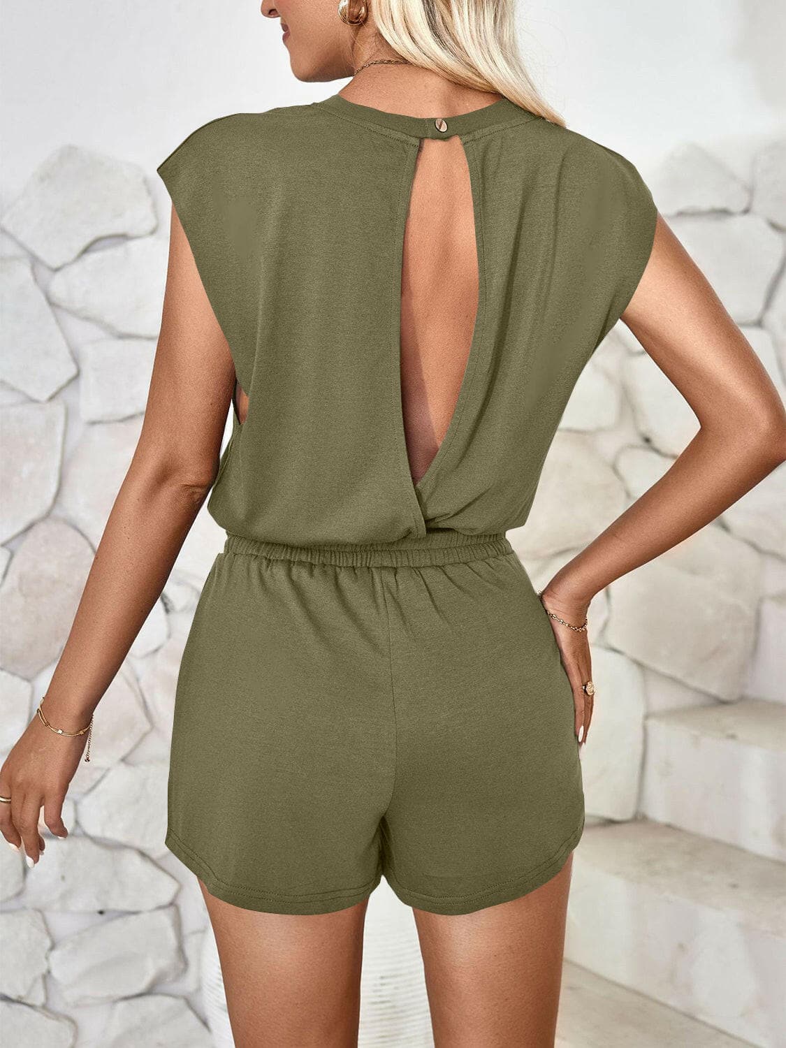 Cutout Round Neck Cap Sleeve Romper.