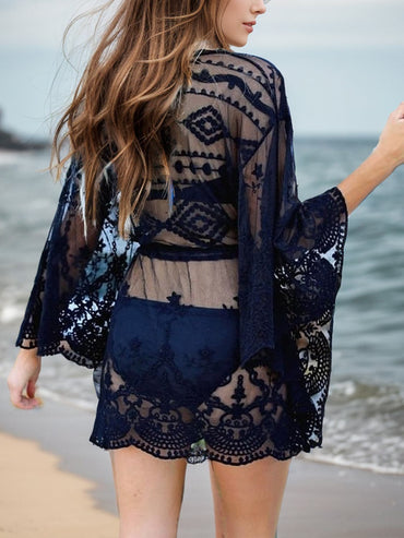 Lace V-Neck Three-Quarter Sleeve Cover Up.