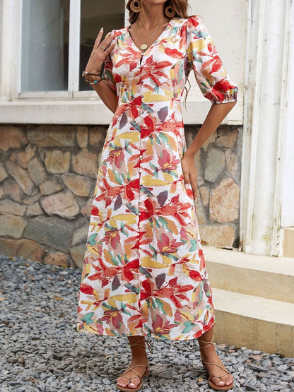 Printed V-Neck Half Sleeve Midi Dress.