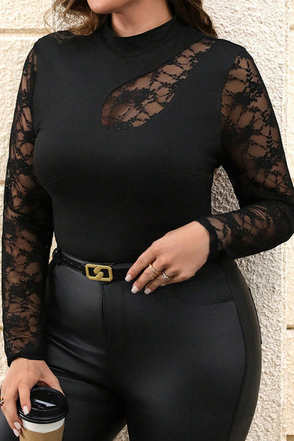 Black Plus Size Lace Patchwork Cutout Long Sleeve Top