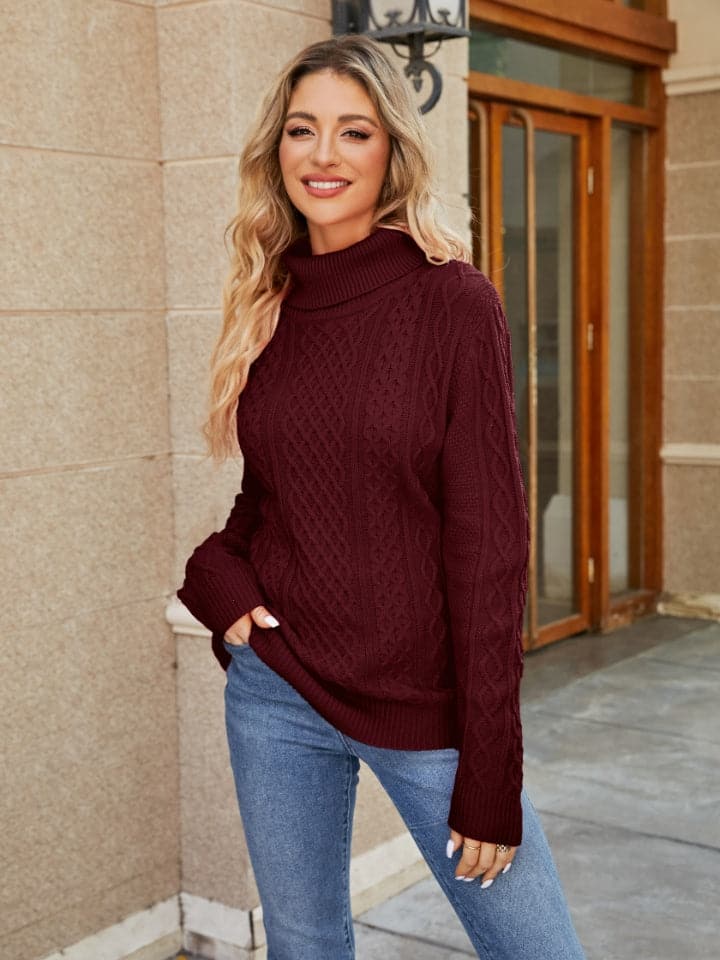 Cable-Knit Mock Neck Sweater.