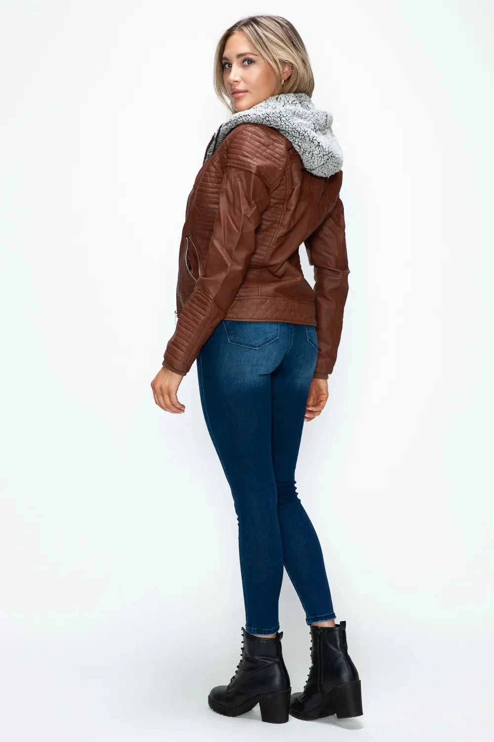 YMI Faux Layered Double-Zipper Jacket with Fuzzy Hood Coco’s Tee Boutique
