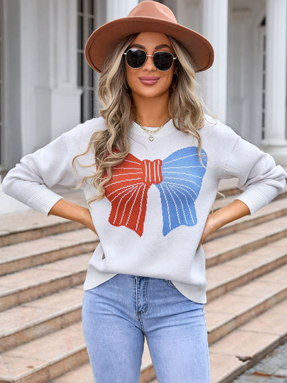 Bow Round Neck Dropped Shoulder Sweater.