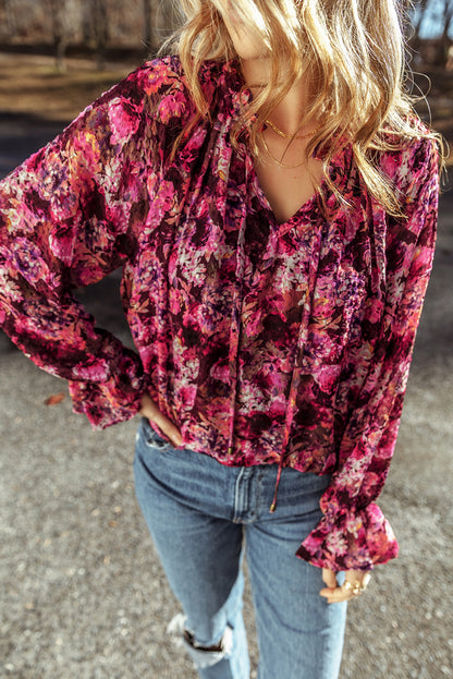 Chic rose red floral ruffled blouse with drawstring detail