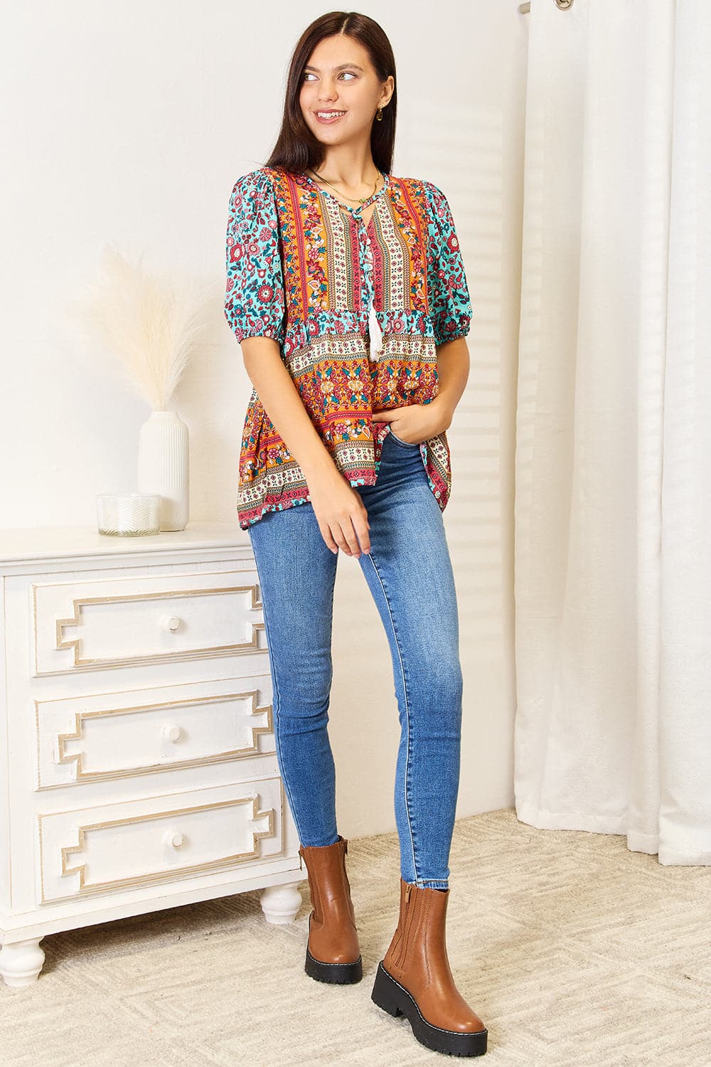 Bohemian Tassel Tie Puff Sleeve Babydoll Blouse.