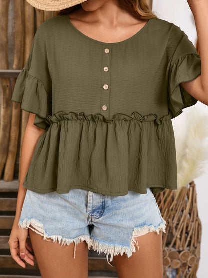 Frill Decorative Button Round Neck Half Sleeve Blouse.