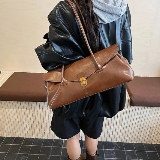 Brown PU Leather Vintage Style Medium Shoulder Bag With Flap Lock Simply Love