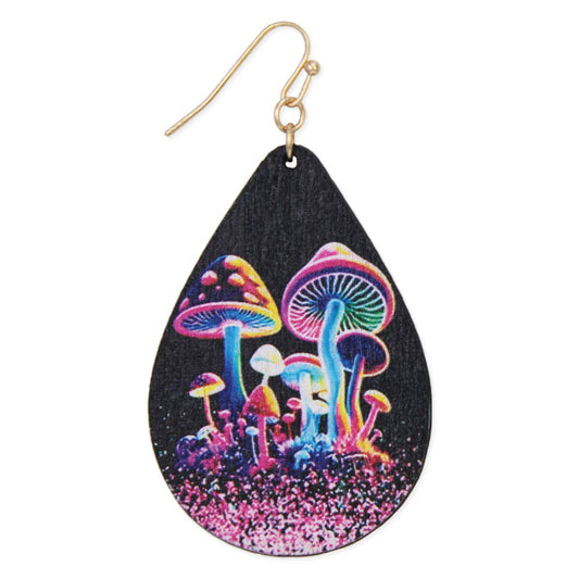 Neon Forest Mushroom Wood Teardrop Earrings Printed Fitkitty Culture Athleisure Wear, Yoga Wear & Women's Clothing