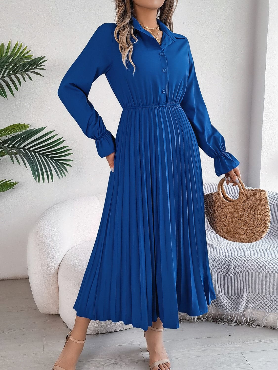 Pleated Half Button Long Sleeve Midi Dress.