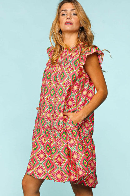 Haptics Full Size Ruffled Printed Dress with Side Pockets.