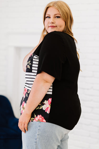 Chic black plus size floral and stripe short sleeve top